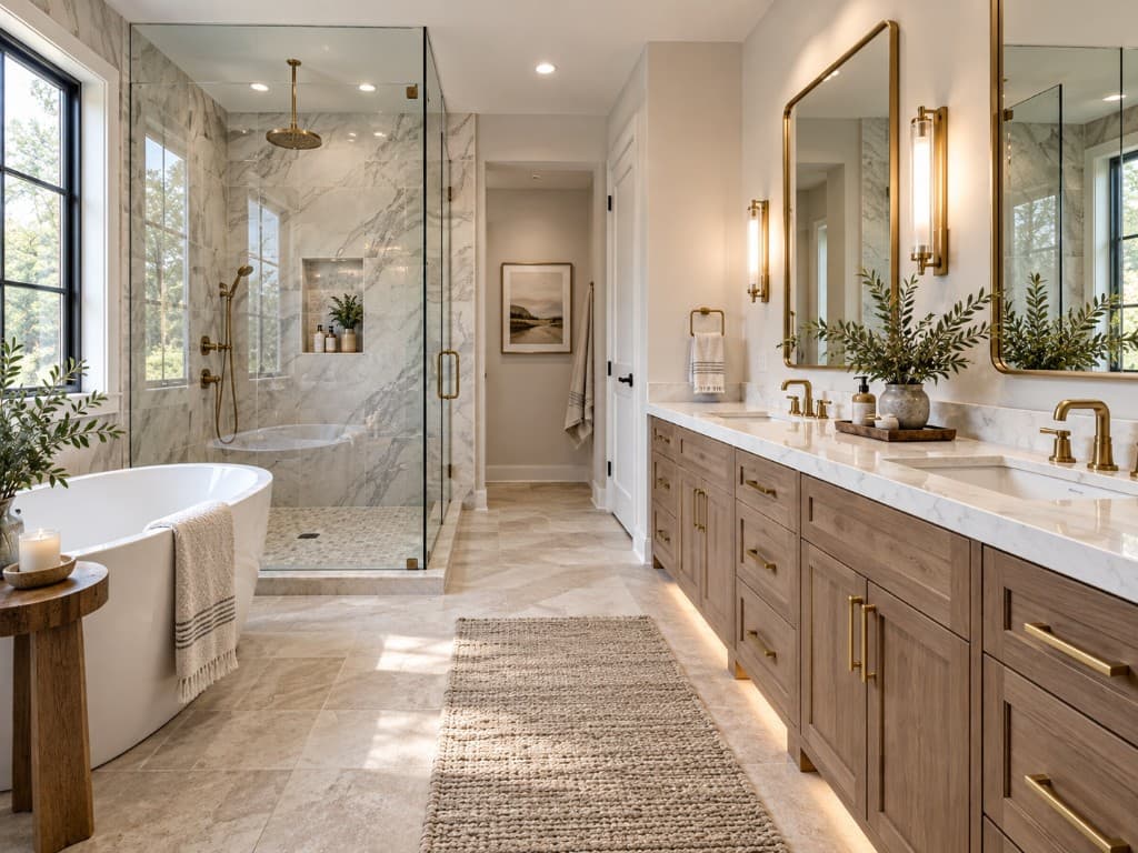 Premium bathroom renovation with wood vanity, gold fixtures, glass shower, and freestanding tub