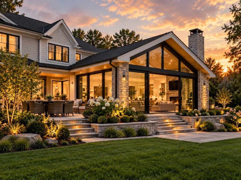Exterior home improvement and modern addition at sunset with illuminated patio