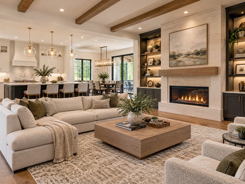Finished open-concept living and interior renovation with kitchen and dining beyond