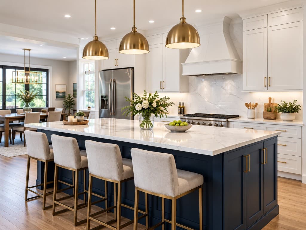 Premium renovated kitchen with navy island, white cabinetry, and gold accents
