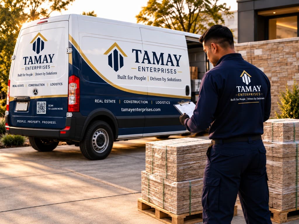Tamay-branded logistics van and team member with delivery materials