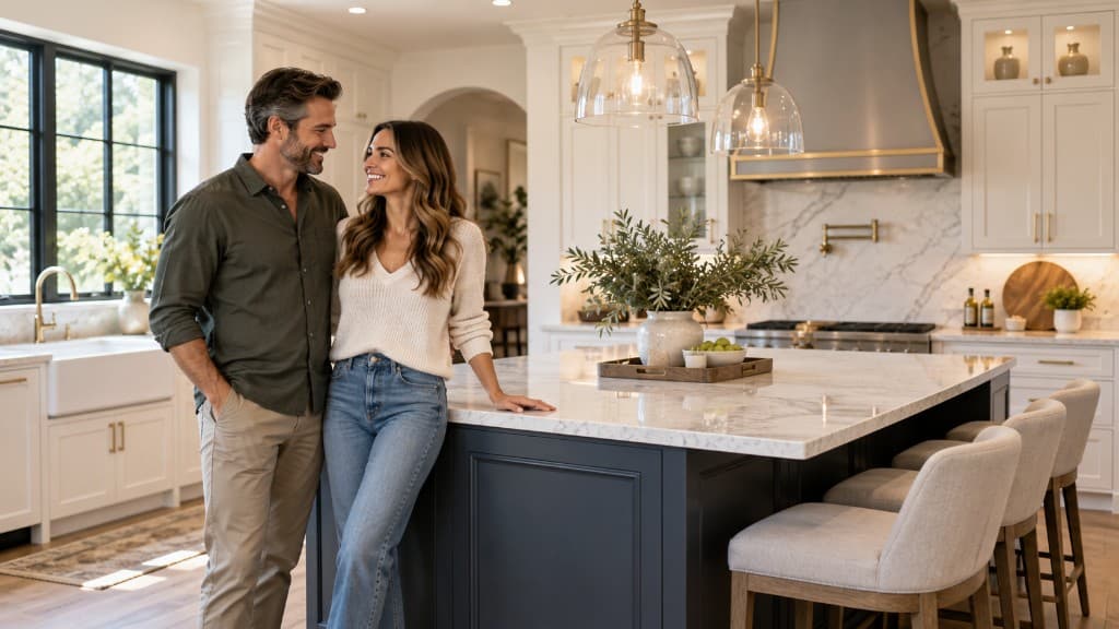 Homeowners enjoying a finished modern kitchen after a home improvement project