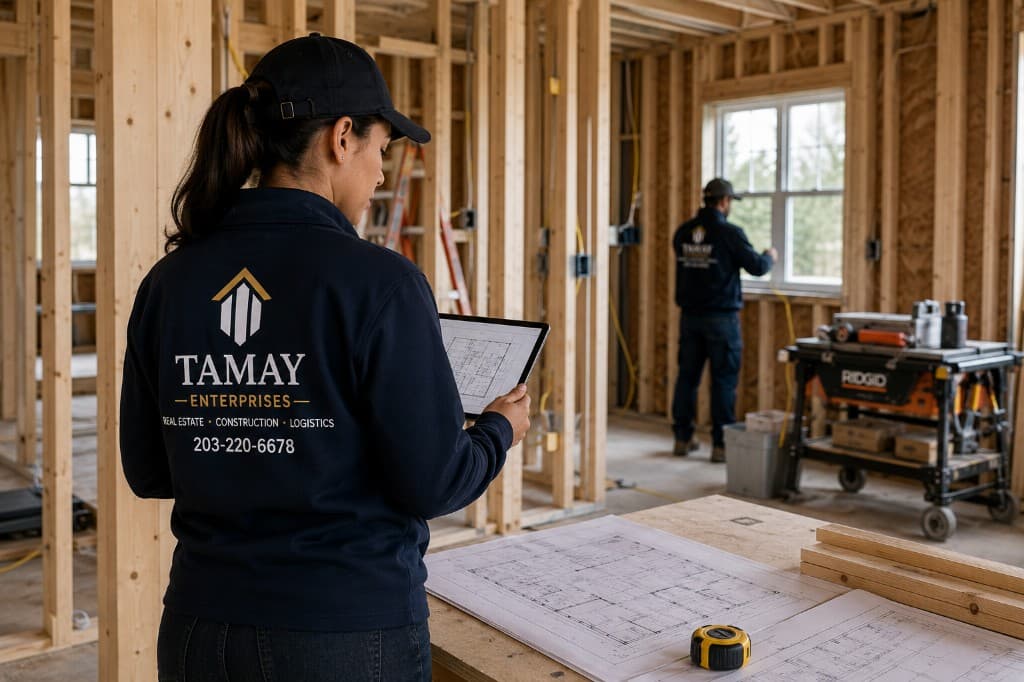 Tamay supervisor coordinating active construction work on site with plans and tablet