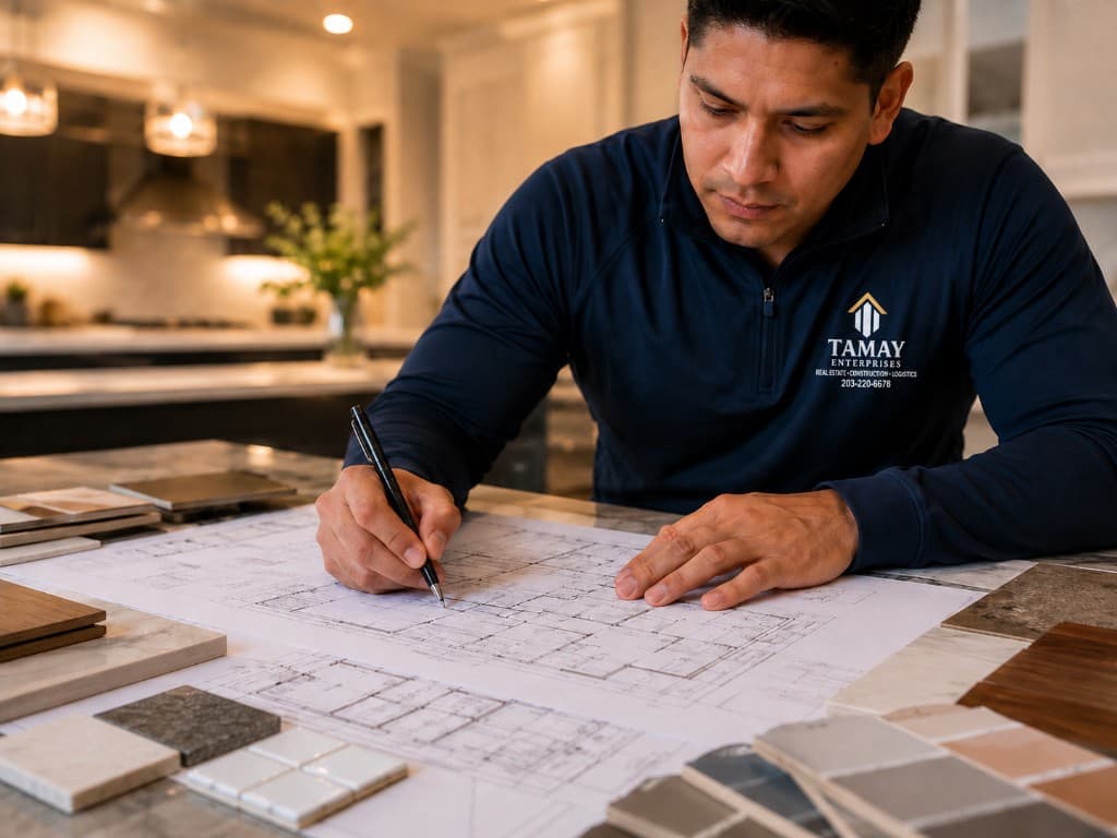 Tamay professional reviewing blueprints and finish samples during design and planning