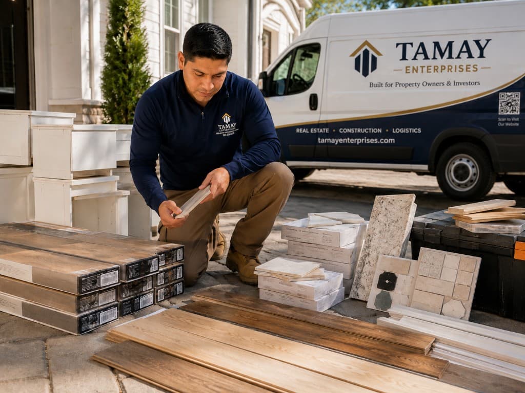 Tamay team member inspecting flooring and tile materials beside the Tamay Enterprises van