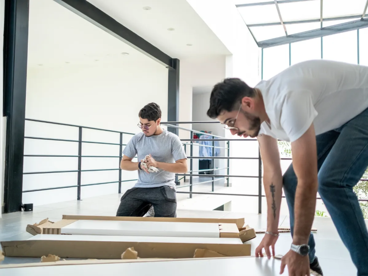 Technicians assembling flat-pack furniture in a furnished apartment