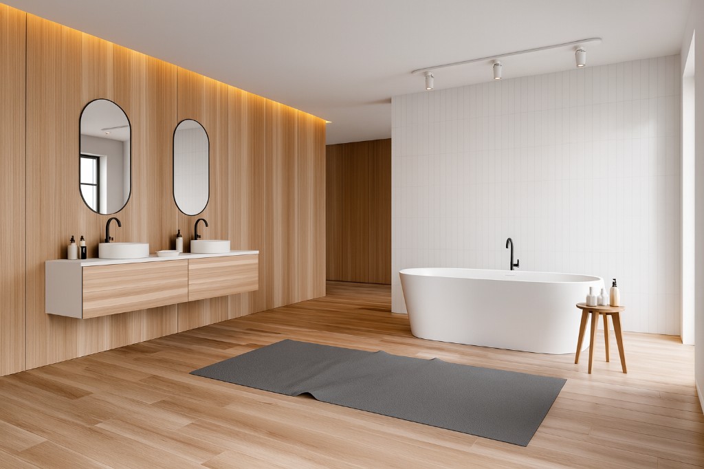 Premium renovated bathroom with coordinated tile, vanity, fixtures, lighting, and finishes