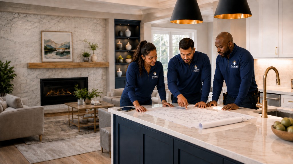 Tamay Enterprises team reviewing renovation plans together at a premium kitchen island