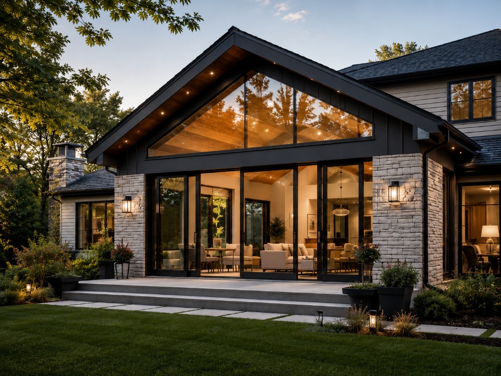 Premium home addition with glass gable, stone pillars, and expanded living space that blends with the existing home