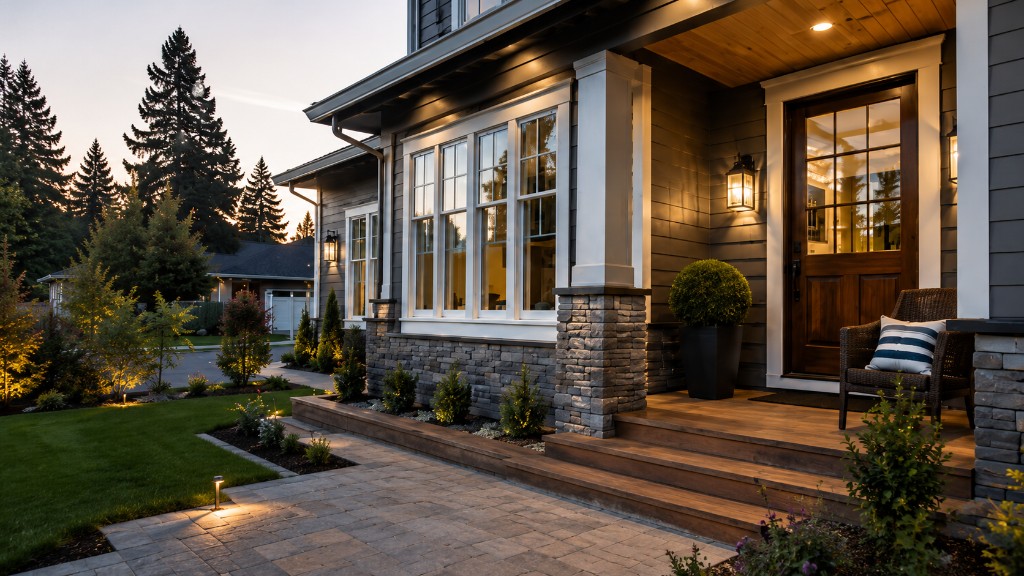 Premium home exterior upgrades including siding, trim, windows, doors, and outdoor living details