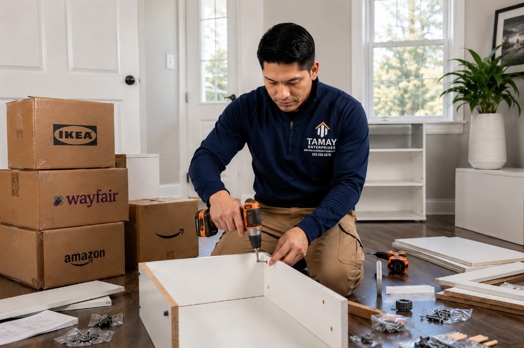 Tamay Enterprises technician assembling furniture for a small home installation project