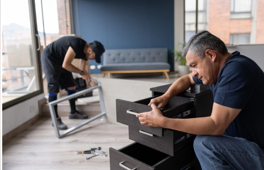 Commercial furniture setup with drawer alignment and metal frame installation in a renovated interior
