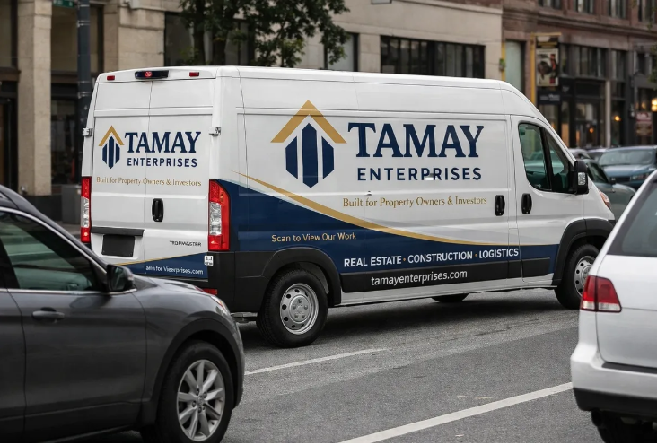 Tamay Enterprises branded commercial van with navy and gold wrap parked on a city street