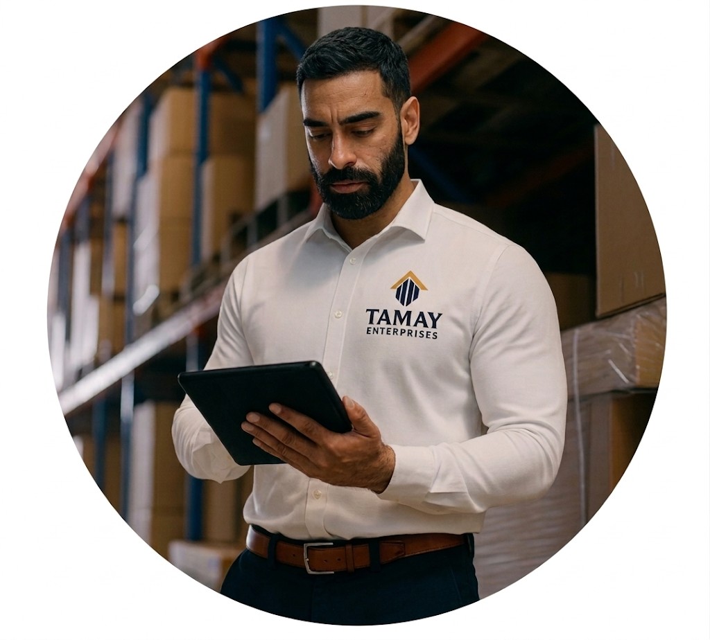 Tamay logistics team member reviewing operations on a tablet in a warehouse