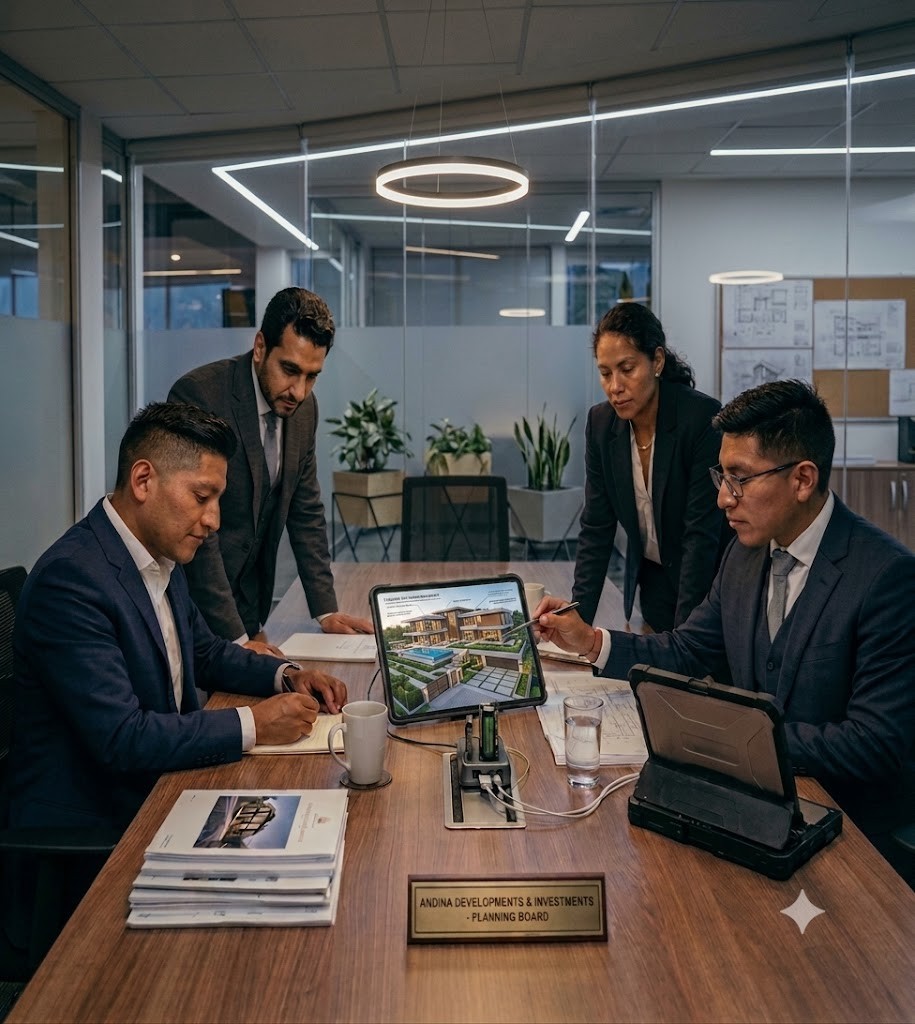 Real estate and development team reviewing architectural plans in a planning meeting