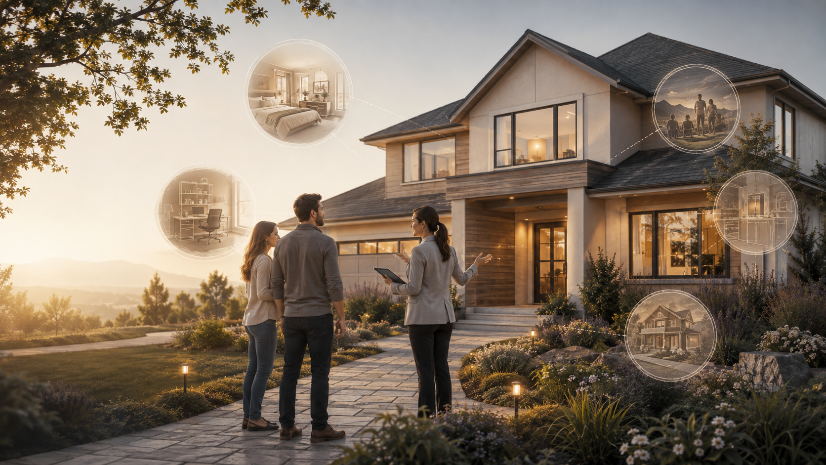 A family evaluating a property with visual layers for growth, systems, renovation possibilities, and long-term ownership planning